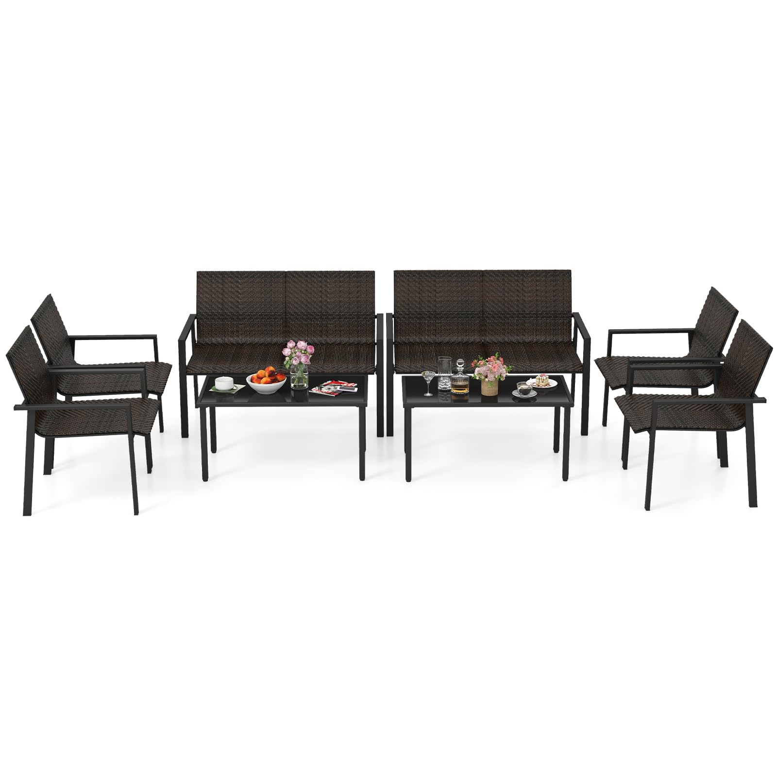 Tangkula Ensemble de mobilier de patio 8 pièces, Patiojoy Ensemble de table et de chaises d'extérieur en osier avec cadre en métal galvanisé robuste